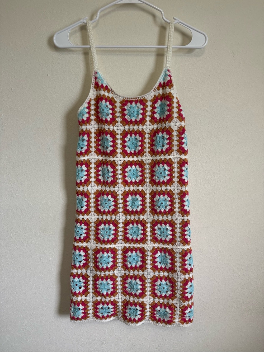 Women’s Crochet Square-Pattern Dress in Cream, Red & Aqua